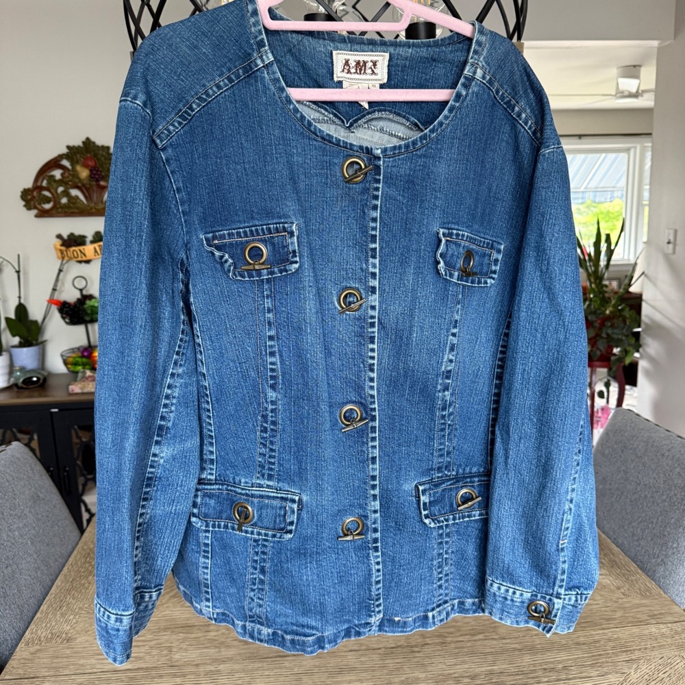 AMX Blue Denim Jacket Womens 3X Toggle Button Collarless Stretch Jean Jacket